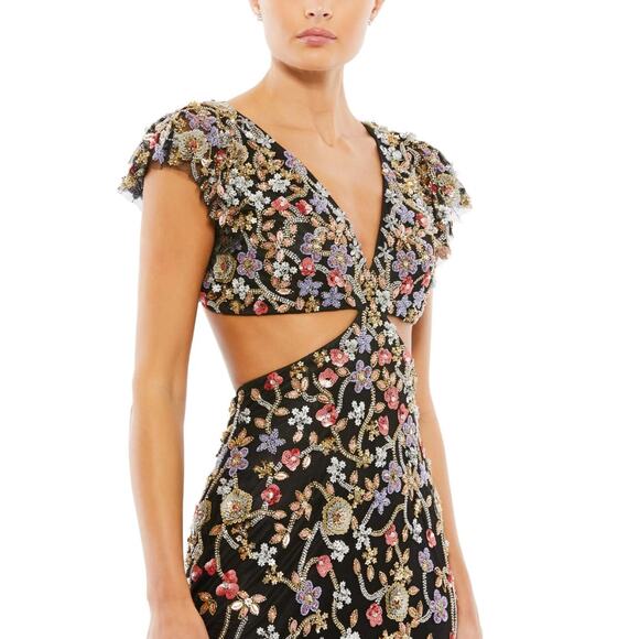 EMBELLISHED CUT OUT RUFFLED CAP SLEEVE COLUMN GOWN Style 5564 Size 12 - Picture 3 of 10